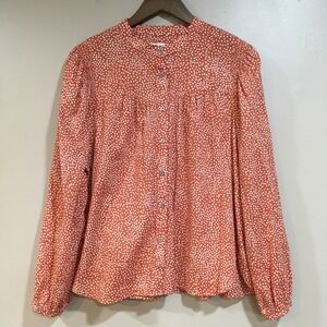 LOFT Polka Dot Metallic Mandarin Collar Blouse Women L Orange Gold Cottage Work